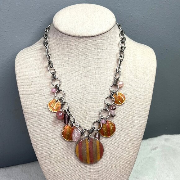 Avenue Chunky Dangle Necklace Silver Tone Orange Yellow Pink Beaded Link Chain - Picture 2 of 7